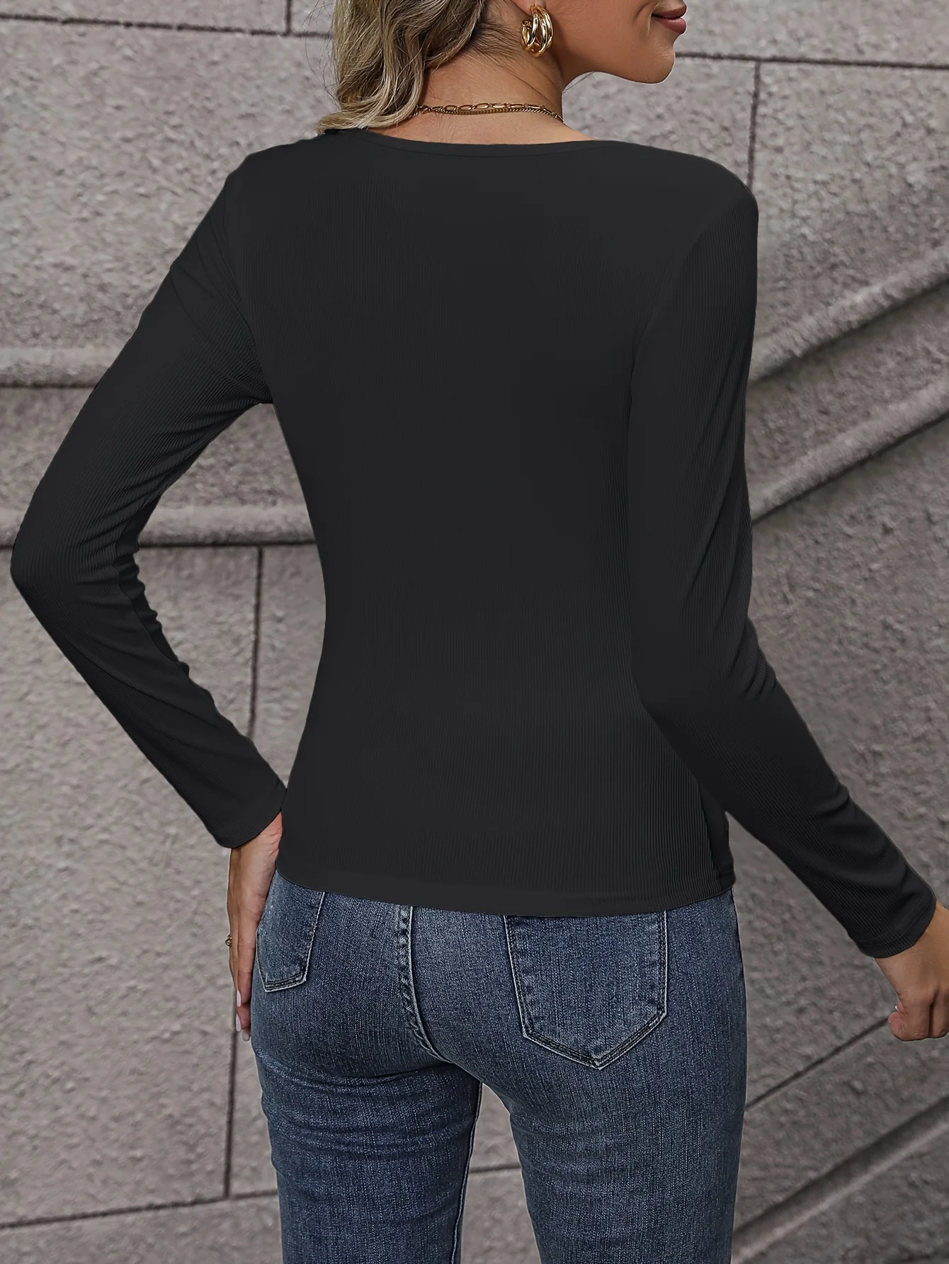 deanwangk Solid Lace Trim Pleated T-Shirt, Elegant Long Sleeve Top For Spring & Fall, Women's Clothing - Deanwangkt