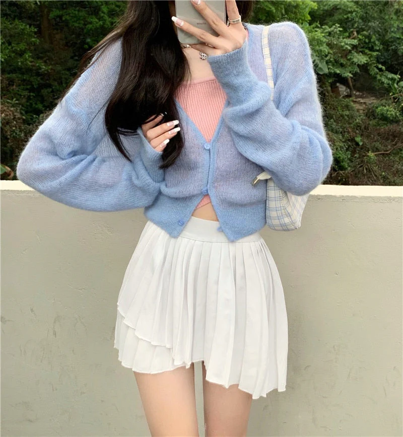 Back To School outfits Y2KV-Neck Soft Sweater Cardigan Jacket Thin Female Deanwangkt New Spring And Autumn Cashmere Mohair Short Slim Long Sleeve Jacket - Deanwangkt