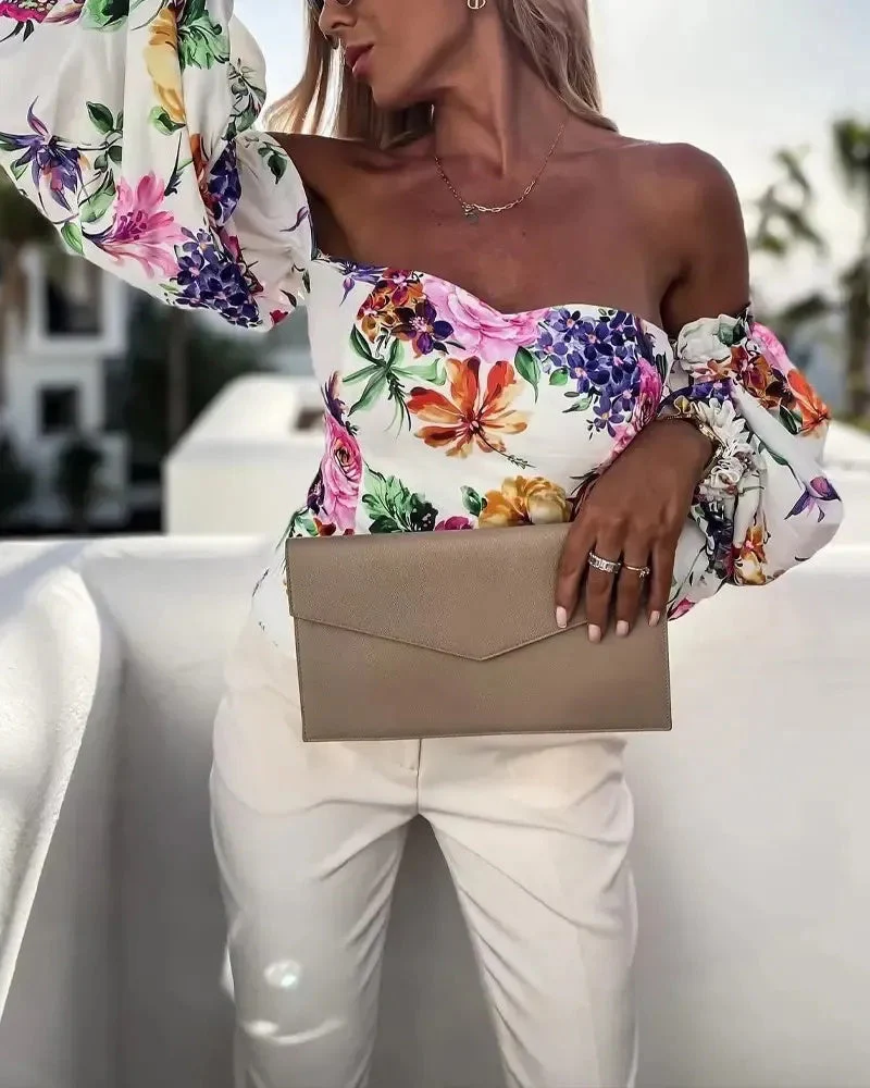 Deanwangkt - Floral Print Off Shoulder Frill Hem Top - Deanwangkt