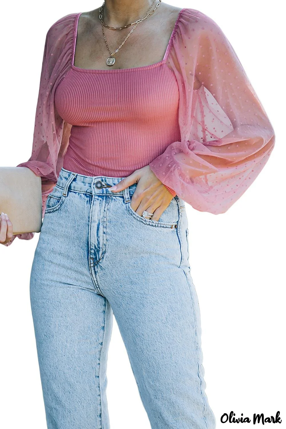 Deanwangkt - Pink Polka Dot Rib Knit Long Sleeve Blouse - Deanwangkt