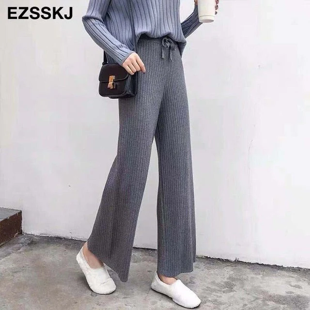 Christmas Gift Deanwangkt autumn winter new casual straight pants  women female drawstring loose high waist knitted wide leg pants casual Trousers - Deanwangkt
