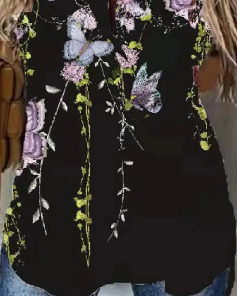 Deanwangkt - Floral Butterfly Print Short Sleeve Button Up Top - Deanwangkt