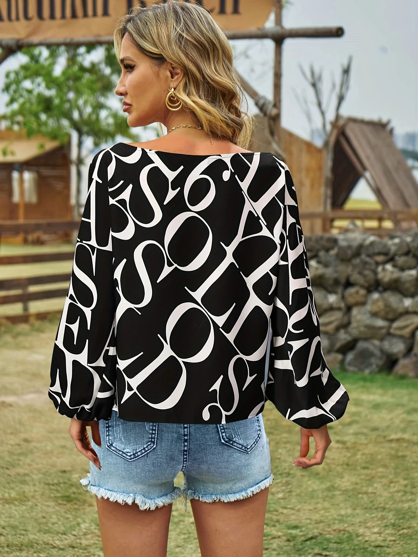 Letter Print Lantern Sleeve Blouse, Casual Random Printing Blouse For Spring & Summer, Women's Clothing - Deanwangkt