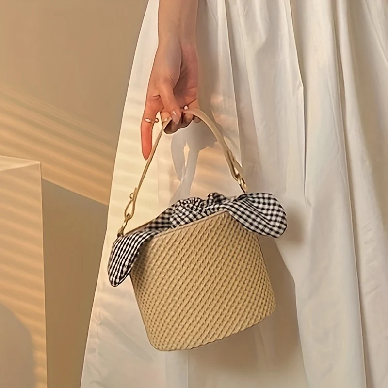 deanwangkt-1  Minimalist Straw Bucket Crossbody Bag, Summer Bohemian Shoulder Bag With Insert Plaid Pattern Twisted Pouch - Deanwangkt