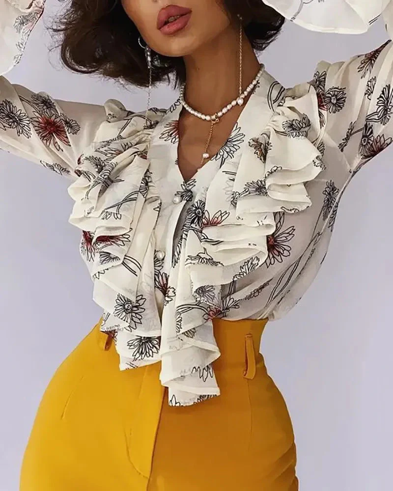 Deanwangkt - Puff Sleeve Floral Print Ruffle Top - Deanwangkt