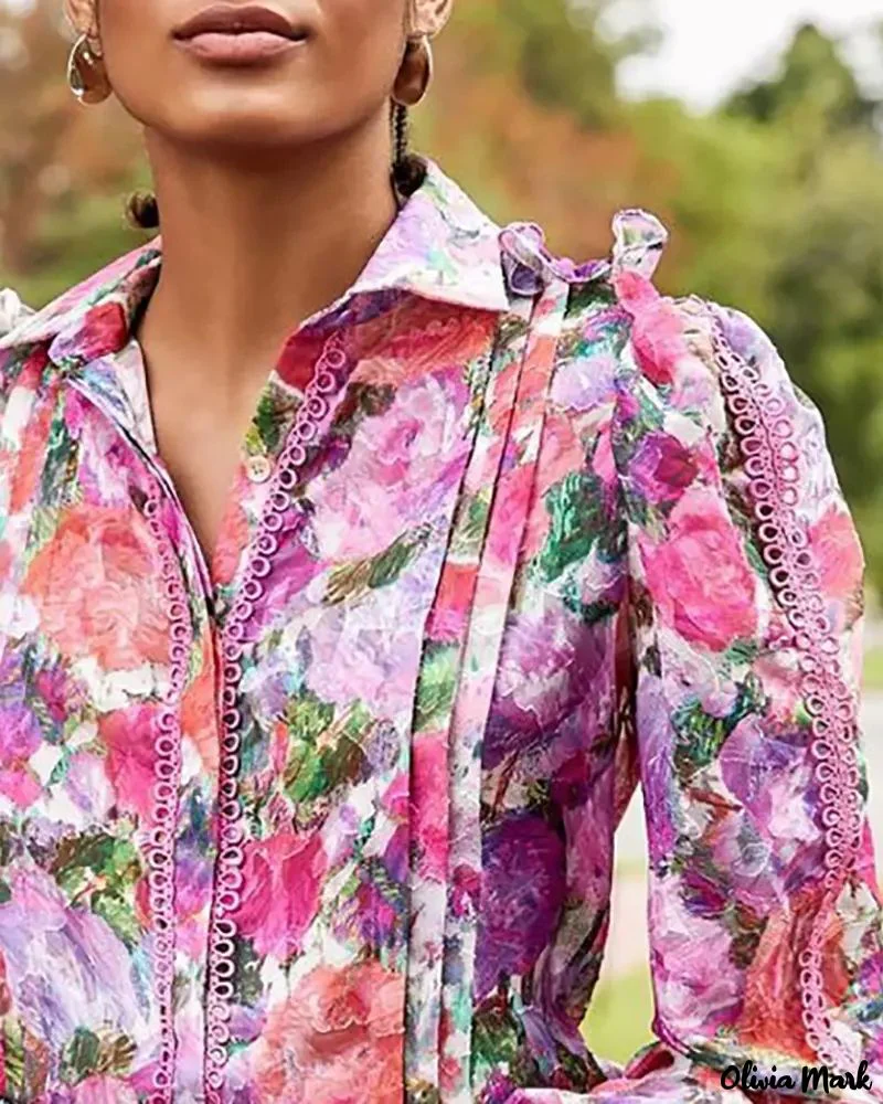 Deanwangkt - Contrast lace floral print top with lantern sleeves and ruffled hem - Deanwangkt