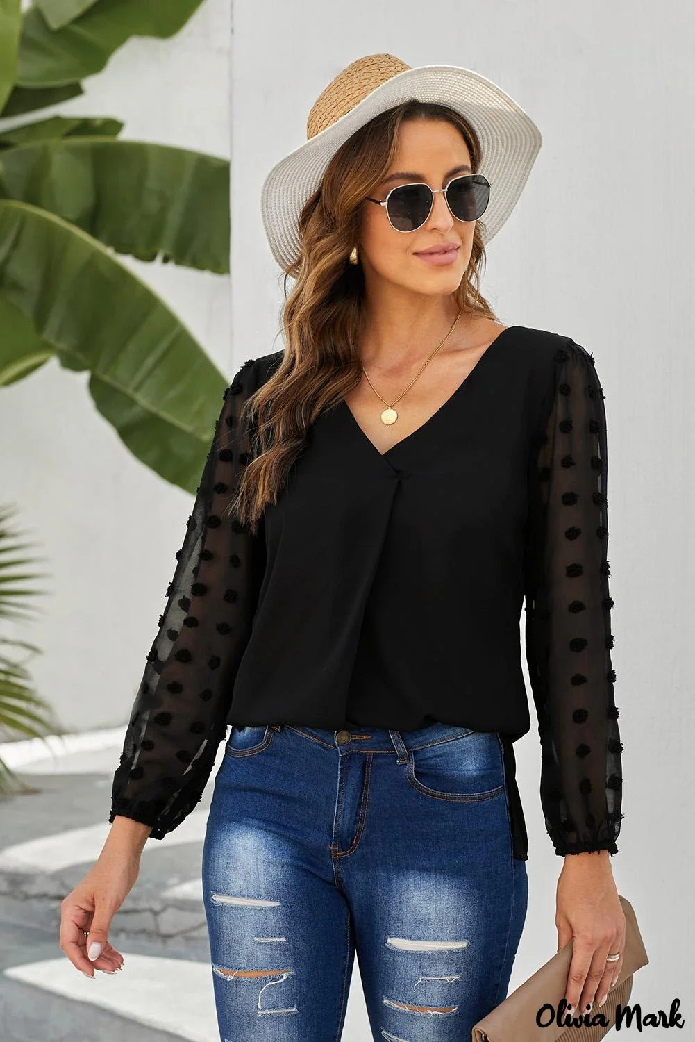 Deanwangkt - Black Polka Dot V-Neck Long Sleeve Blouse - Deanwangkt