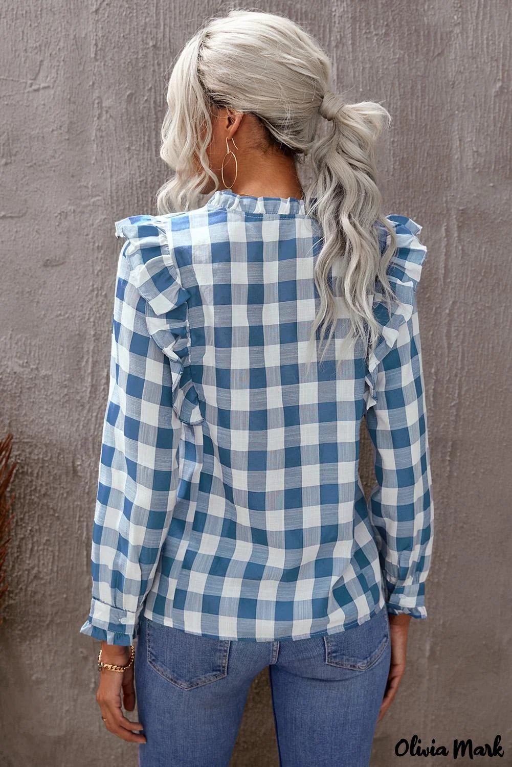 Deanwangkt - Sky blue checked ruffled button-down shirt - Deanwangkt