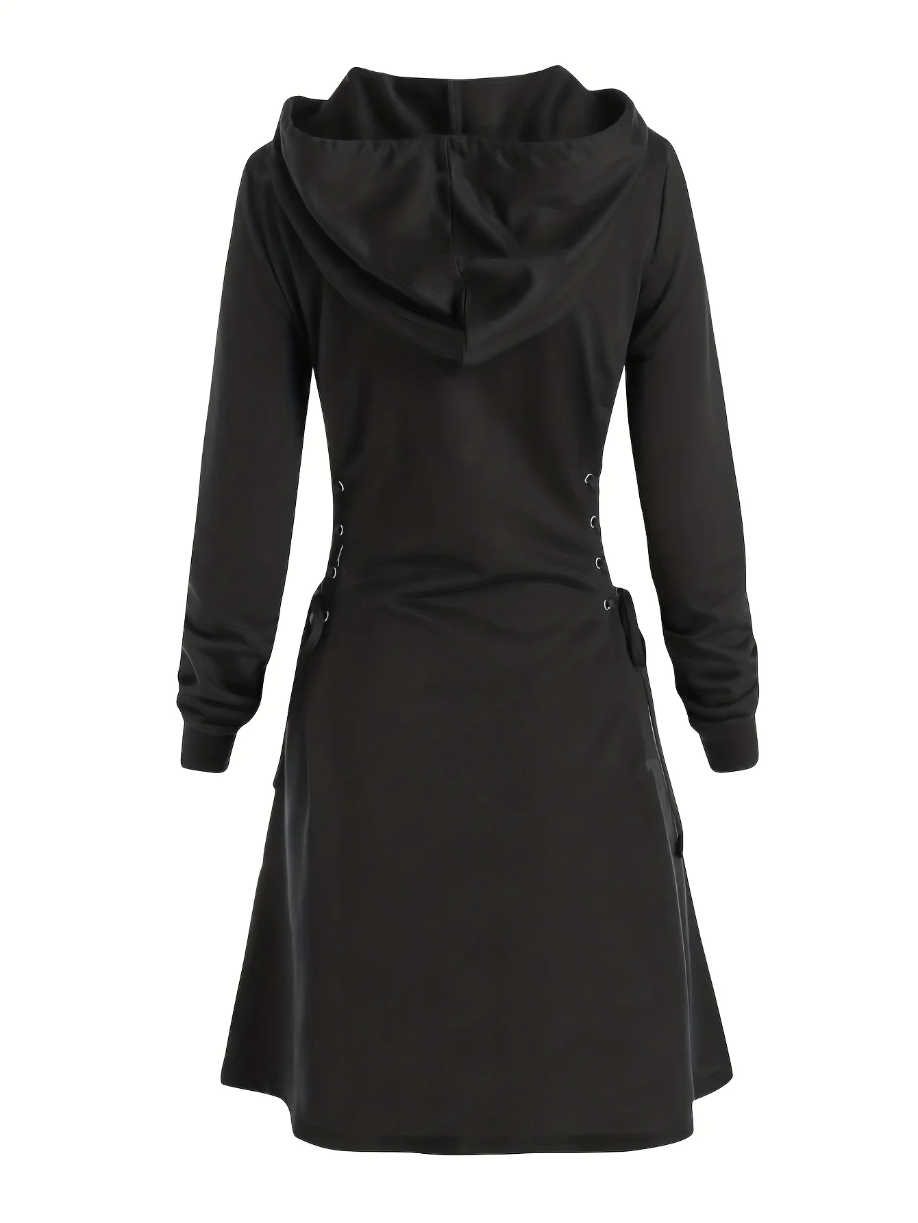 deanwangkt-1  Plus Size Gothic Dress, Women's Plus Solid Long Sleeve Lace Up Side Drawstring Hooded Sweatshirt Dress - Deanwangkt