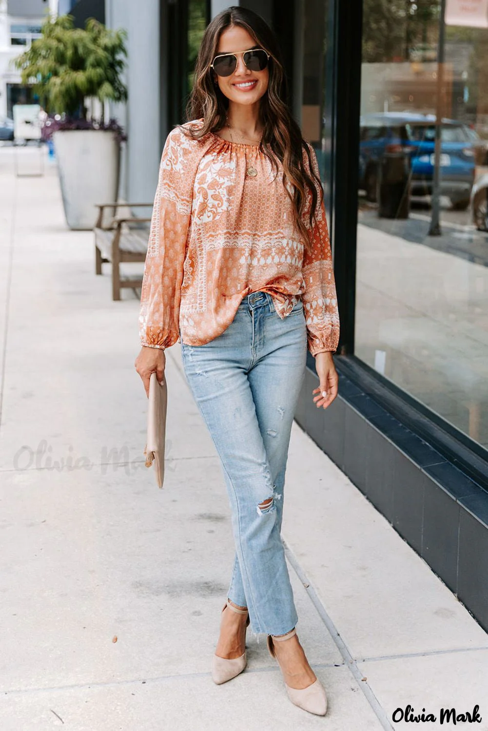 Deanwangkt - Orange round neck bohemian print blouse with drawstring - Deanwangkt