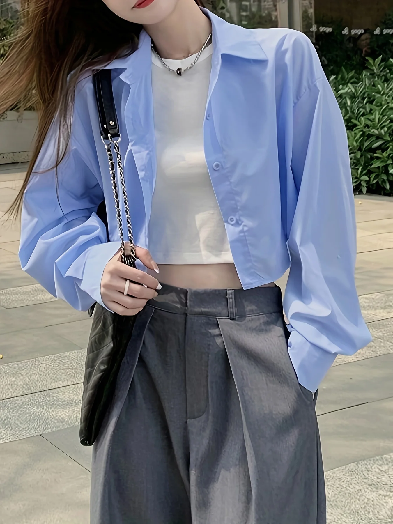 Solid Polo Collar Button Crop Shirt, Casual Long Sleeve Shirt For Spring & Fall, Women's Clothing - Deanwangkt