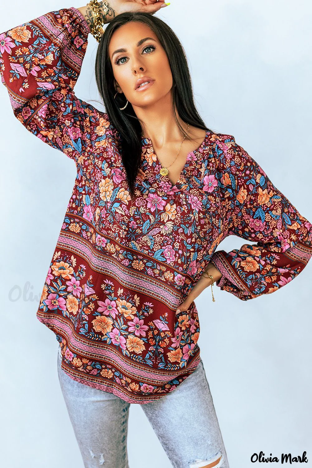Deanwangkt - Floral Print V-Neck Long Sleeve Blouse - Deanwangkt