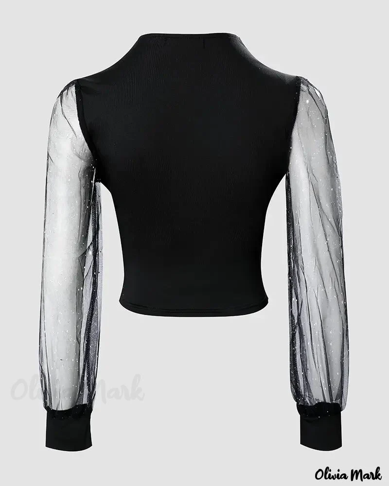 Deanwangkt - Glitter Contrast Mesh Long Sleeve Top - Deanwangkt
