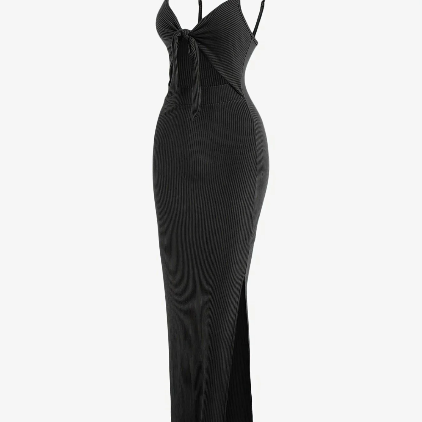 deanwangkt-1 Sexy Spaghetti Strap Ribbed Knot Cutout Side Split Maxi Dress, Solid Body-Con Dress For Spring & Fall, Women's Clothing - Deanwangkt