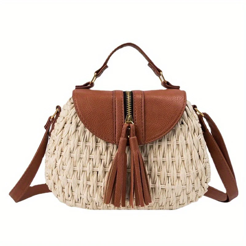 Mini Straw Woven Crossbody Bag, Vintage Summer Beach Shoulder Bag, Women's Retro Handbag & Purse For Travel Vacation - Deanwangkt