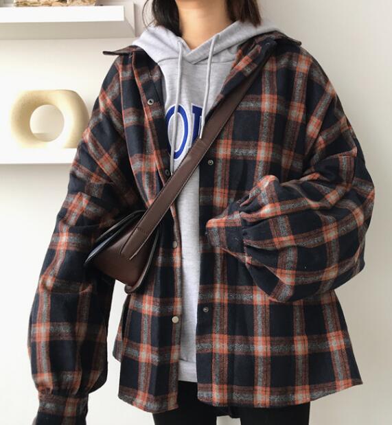 Christmas Gift Deanwangkt Harajuku Autumn Plaid Thin Section Wool Cardigan Korean Puff Sleeve Slim Warm Shirt Jacket Retro Casual Women Button Top - Deanwangkt