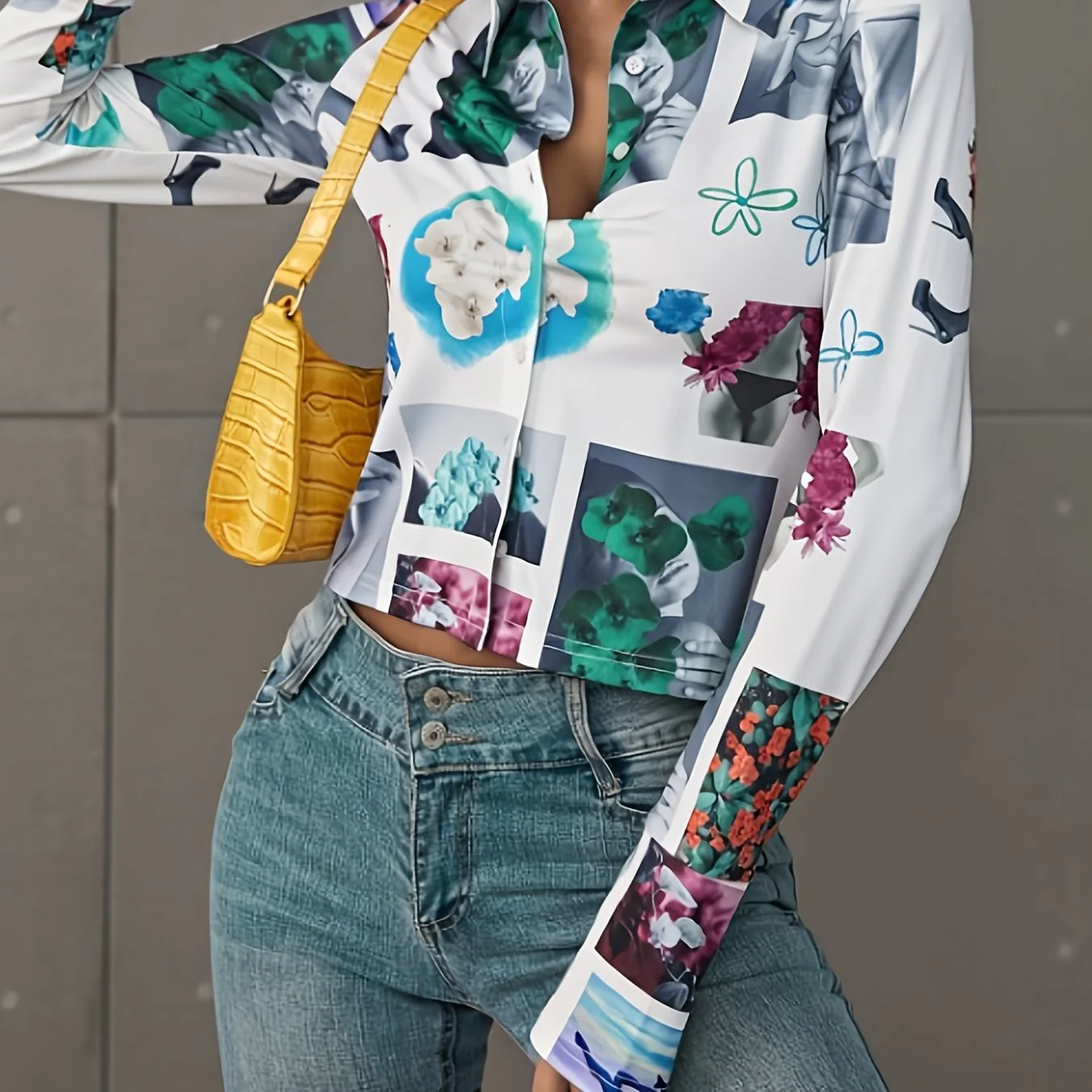 Flower Graphic Print Elegant Polo Blouse, Casual Every Day Top For Fall & Spring, Women's Clothing - Deanwangkt