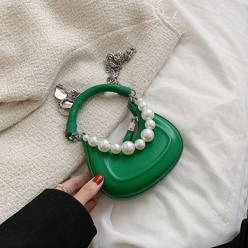 Back To College Deanwangkt Kawaii Tote PU Leather Half Moon Armpit Bag With Pearl Short Handle Women's Designer Handbag Luxury Shoulder Crossbody Bag - Deanwangkt