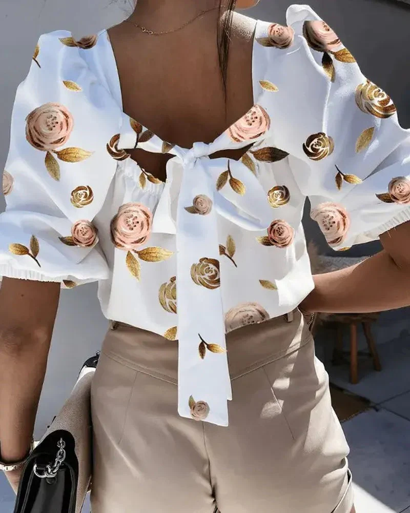 Deanwangkt - Floral Print Puff Sleeve Tie Back Blouse - Deanwangkt