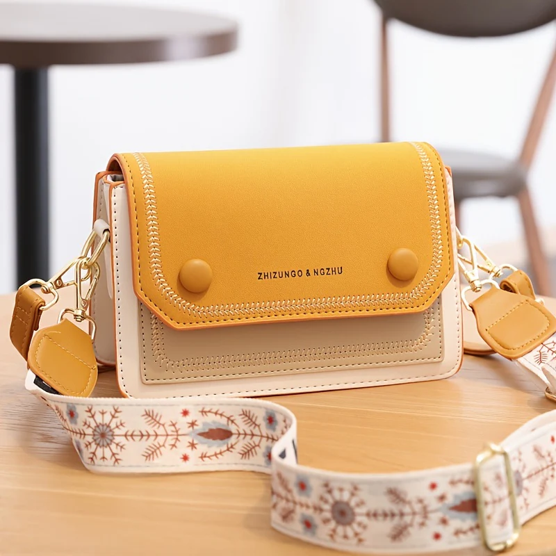 Stitch Detail Flap Square Bag, Trendy Colorblock Crossbody Bag, Casual Shoulder Purse With Wide Strap - Deanwangkt