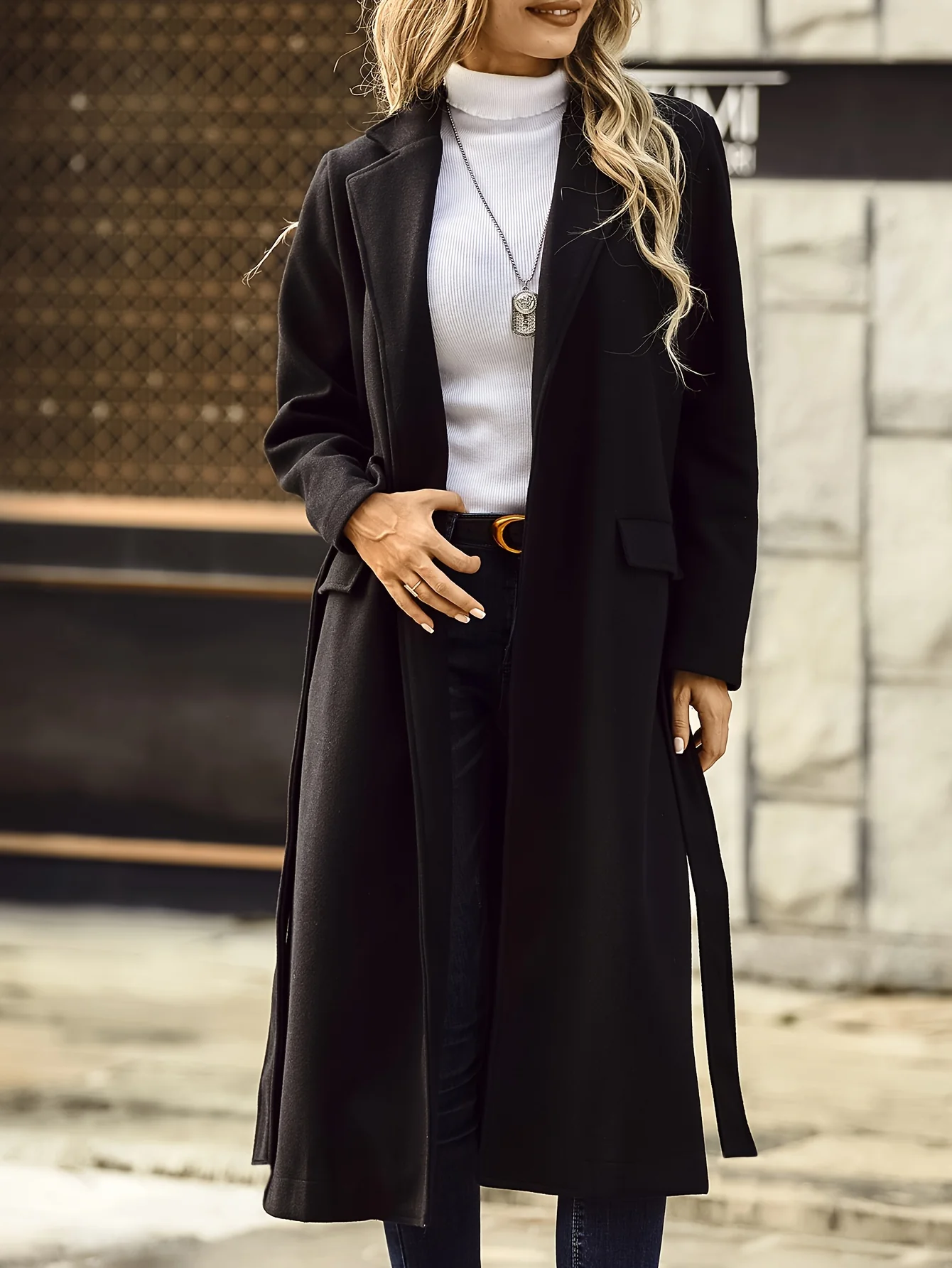 deanwangkt-1  Solid Color Open Front Trench Coat, Elegant Lapel Neck Long Sleeve Belted Coat, Women's Clothing - Deanwangkt