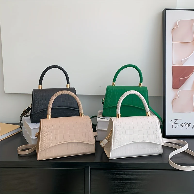 deanwangkt-1  Simple Crocodile Embossed Handbag, Solid Color Satchel Bag, All-Match Flap Shoulder Bag - Deanwangkt