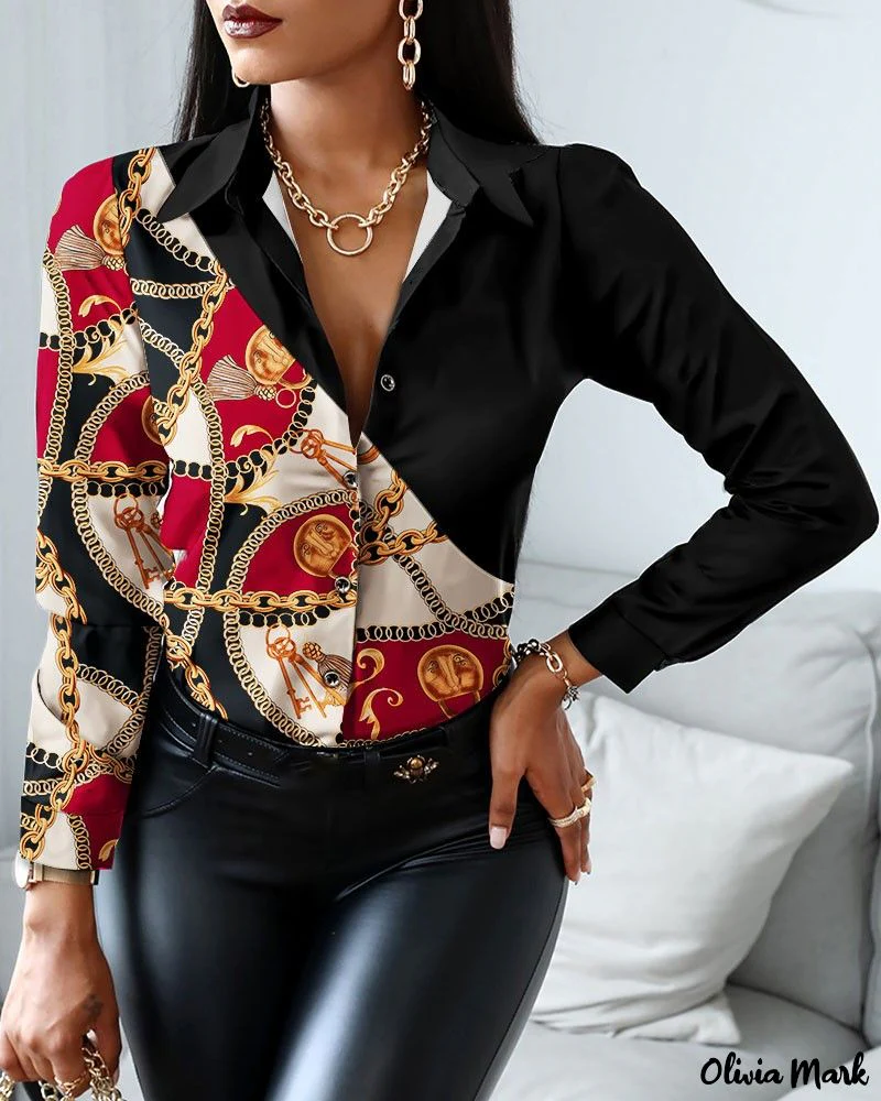 Deanwangkt - Long Sleeve Button Down Shirt with Chain Print Scarf Design - Deanwangkt