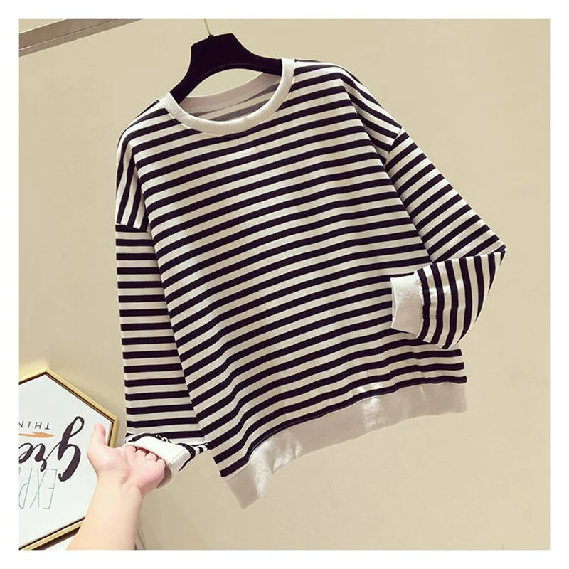 Christmas Gift Autumn Striped Knitted Hoodies Sweatshirts Women Casual Gentle Long Sleeve Loose Pullovers Patchwork O-Neck Collar Tops - Deanwangkt