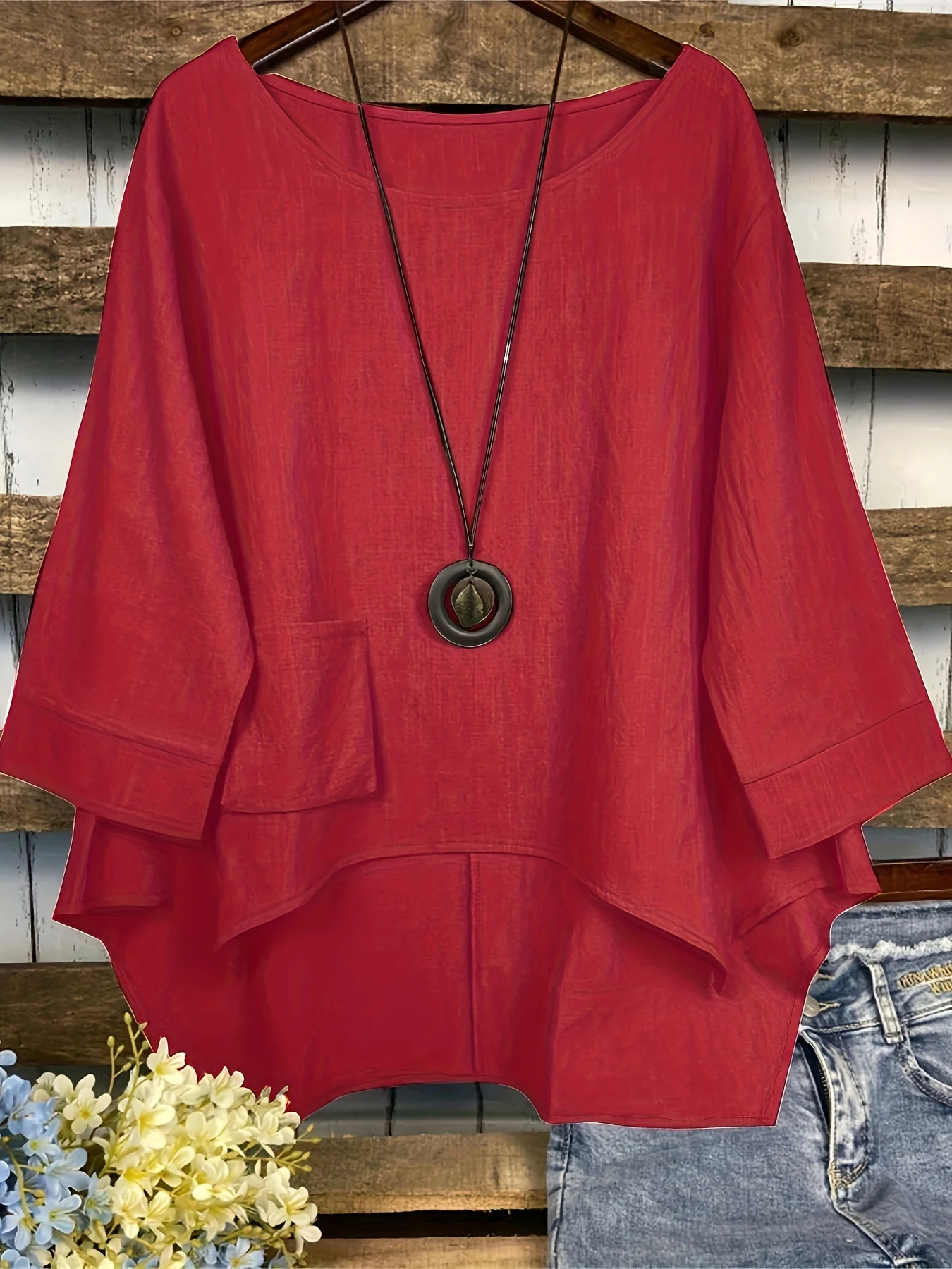 Dipped Hem Solid Blouse, Asymmetrical Crew Neck Loose Casual Blouse, Women's Clothing - Deanwangkt