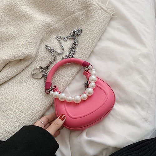 Back To College Deanwangkt Kawaii Tote PU Leather Half Moon Armpit Bag With Pearl Short Handle Women's Designer Handbag Luxury Shoulder Crossbody Bag - Deanwangkt