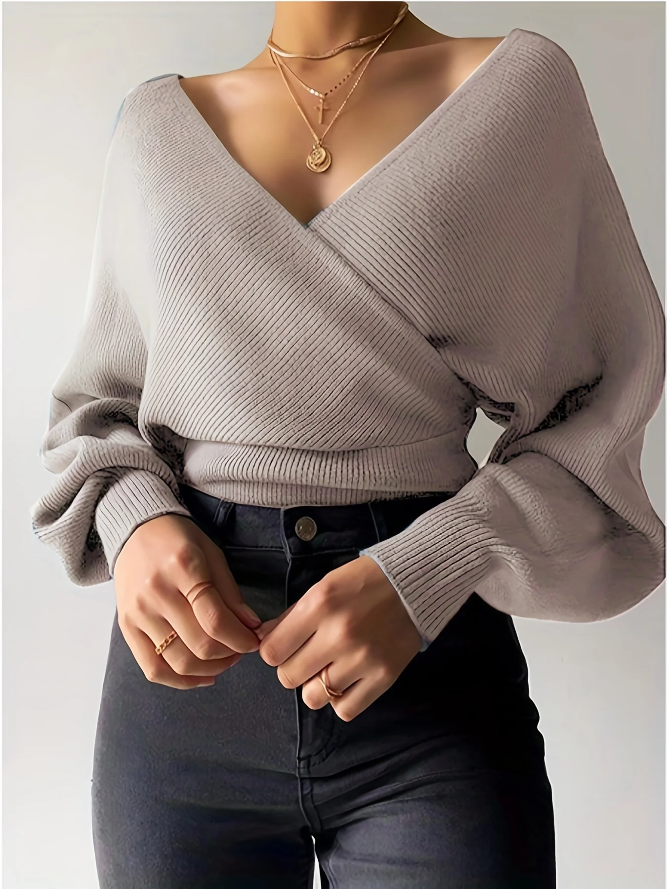 deanwangk Versatile Surplice Neck Knit Sweater, Vintage Long Sleeve Sweater, Women's Clothing - Deanwangkt