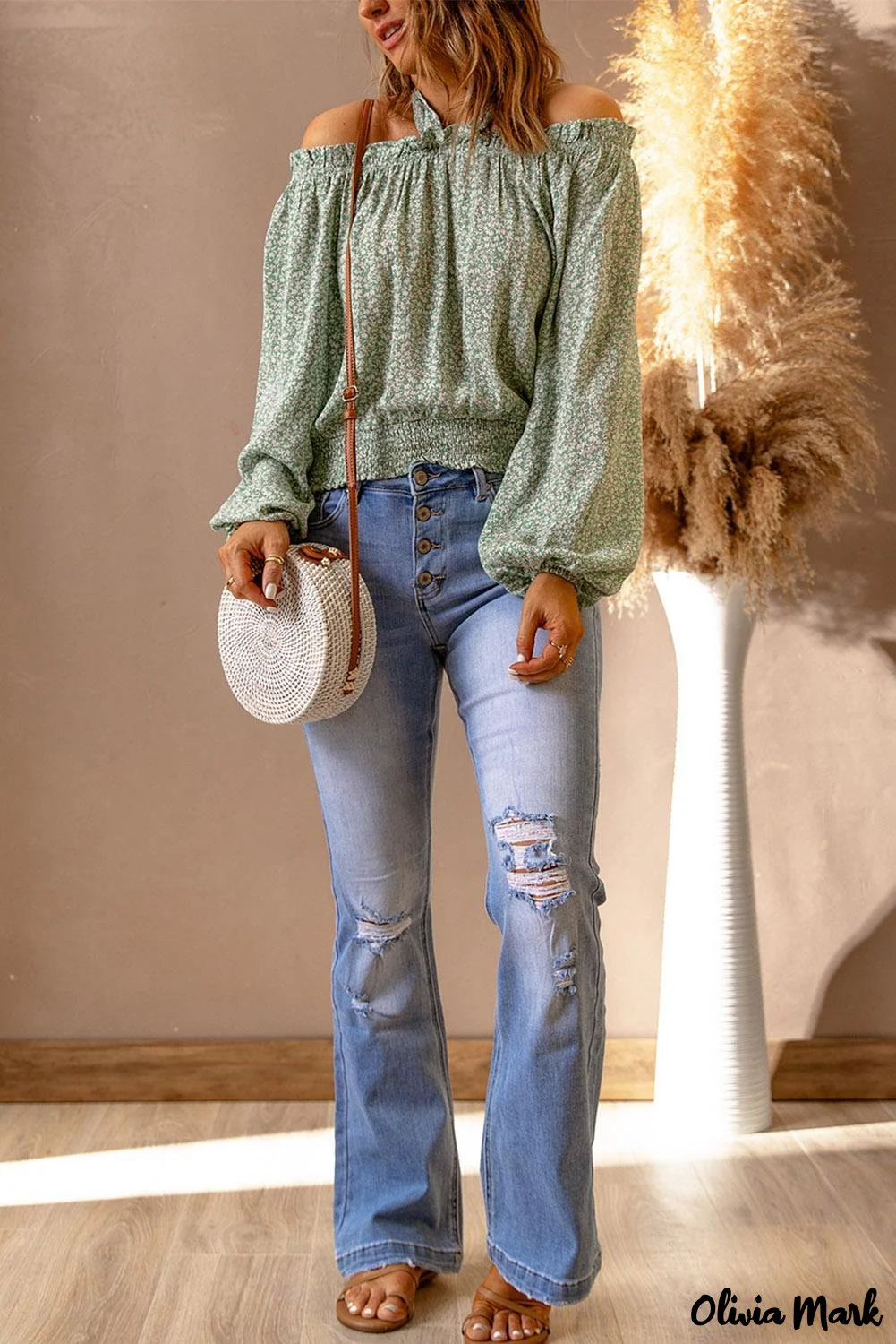 Deanwangkt - Green Floral Off Shoulder Blouse - Deanwangkt
