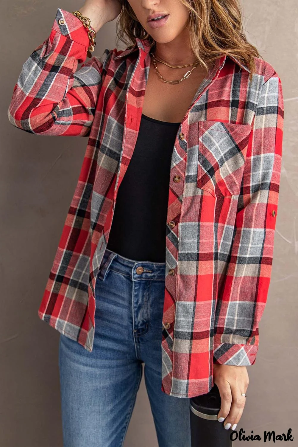 Deanwangkt - Red checkered button down blouse with pocket - Deanwangkt