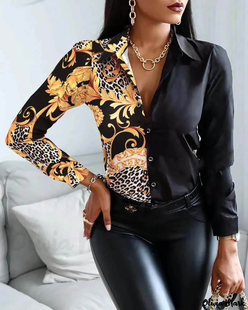 Deanwangkt - Color Block Baroque Print Long Sleeve Button Up Top - Deanwangkt