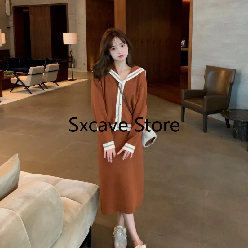 Christmas Gift 2 Piece Dress Set Women Elegant Knitted Suits Korean Fashion Cardigan Sweater + Casual Midi Skirts Deanwangkt Winter Tracksuits - Deanwangkt