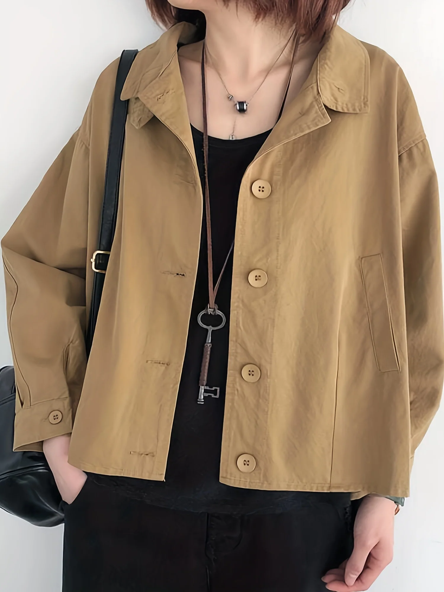 deanwangkt-1  Solid Button Front Jacket, Casual Long Sleeve Turn Down Collar Long Sleeve Outerwear, Women's Clothing - Deanwangkt