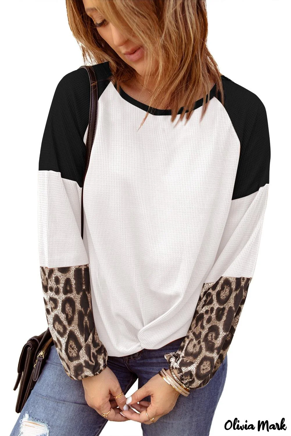 Deanwangkt - Black Waffle Knit Leopard Long Sleeve Twist Knot Blouse - Deanwangkt