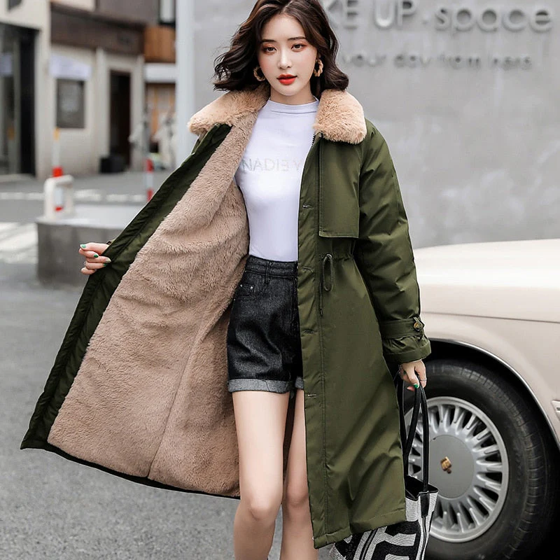 Christmas Gift Deanwangkt winter new cotton clothes women's middle and long knee over Korean loose cotton jacket tooling Plush windbreaker - Deanwangkt