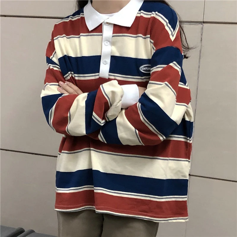 Black Friday Sales Retro Ins Stripe Hit Color Wild Loose Polo Collar Pullover Sweatshirt Women Loose Harajuku Street Korean Style Top Autumn - Deanwangkt