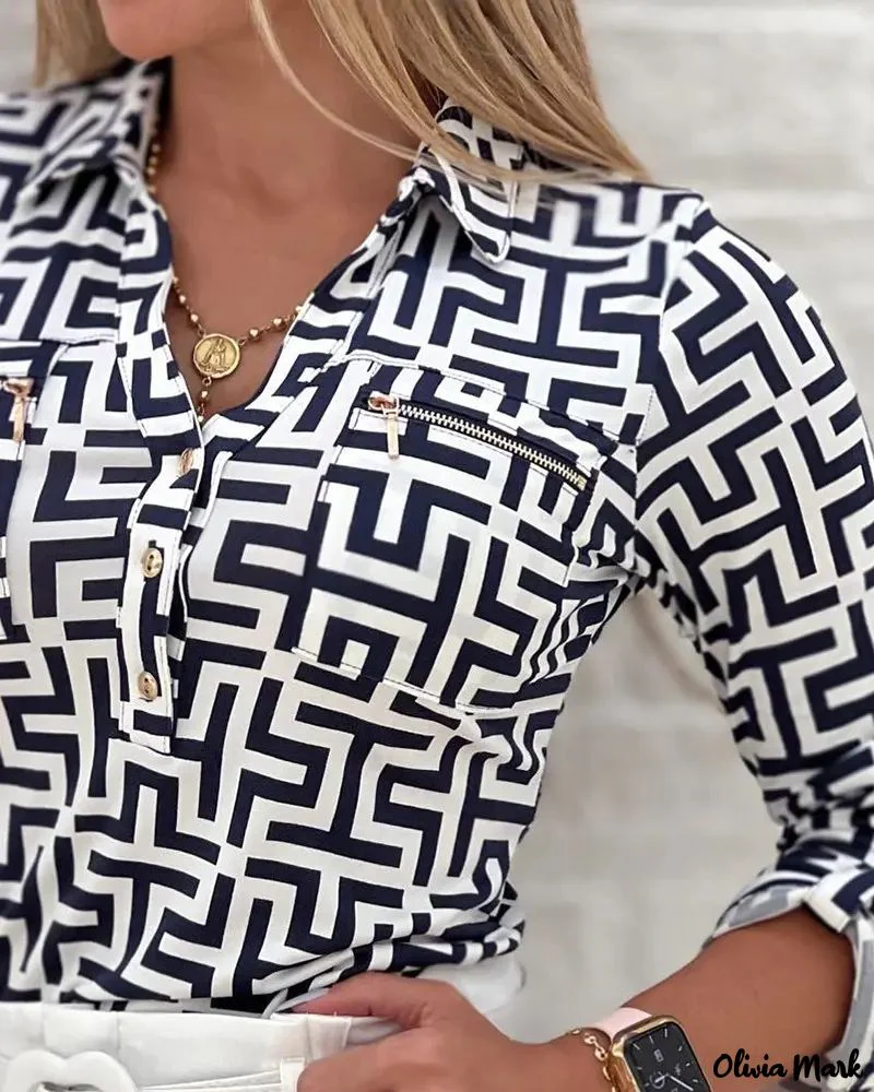 Deanwangkt - Geometric Print Long Sleeve Button Down Shirt - Deanwangkt