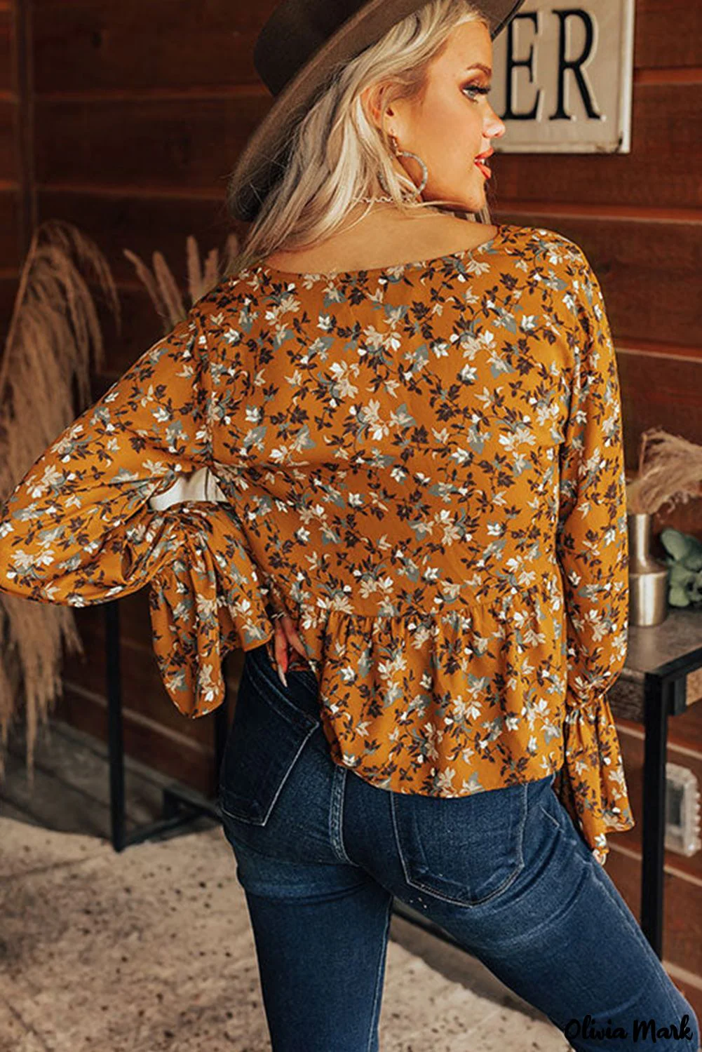 Deanwangkt - Brown Floral Print V-Neck Babydoll Blouse - Deanwangkt