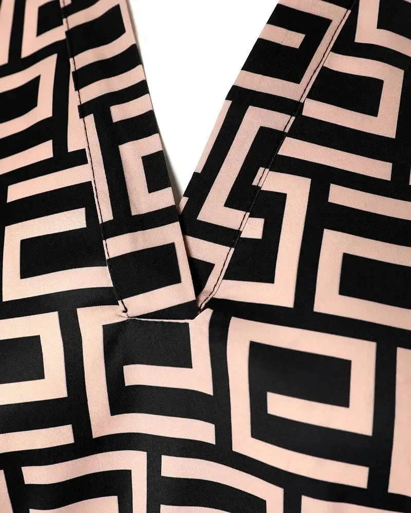 Deanwangkt - Relaxed Geometric Print V-Neck Long Sleeve Top - Deanwangkt