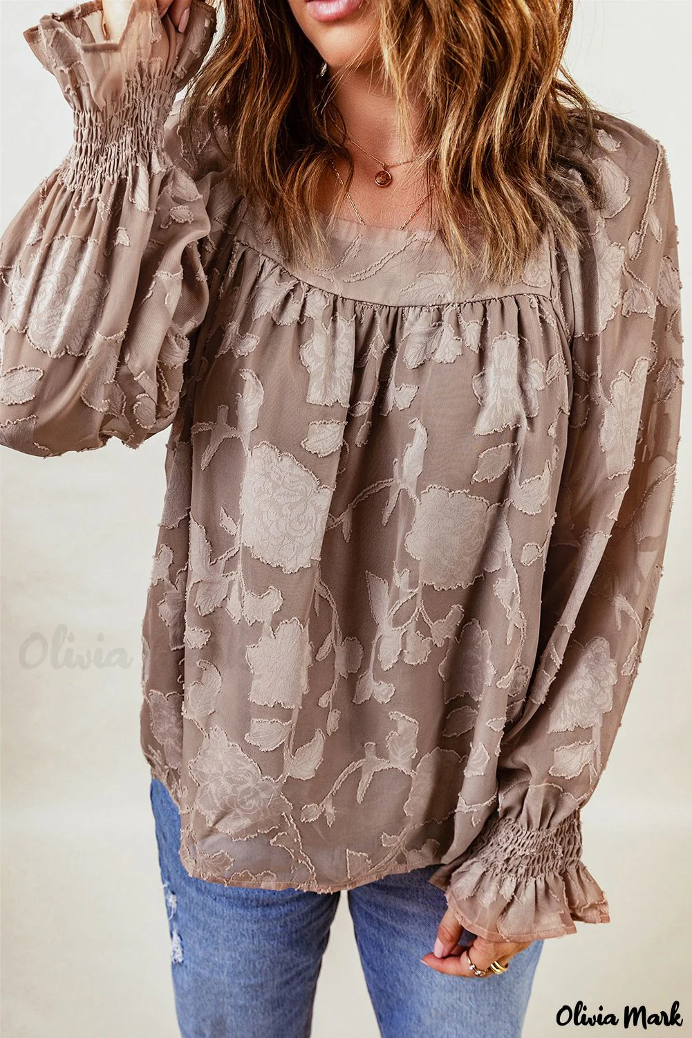 Deanwangkt - Khaki Floral Textured Square Neck Blouse - Deanwangkt