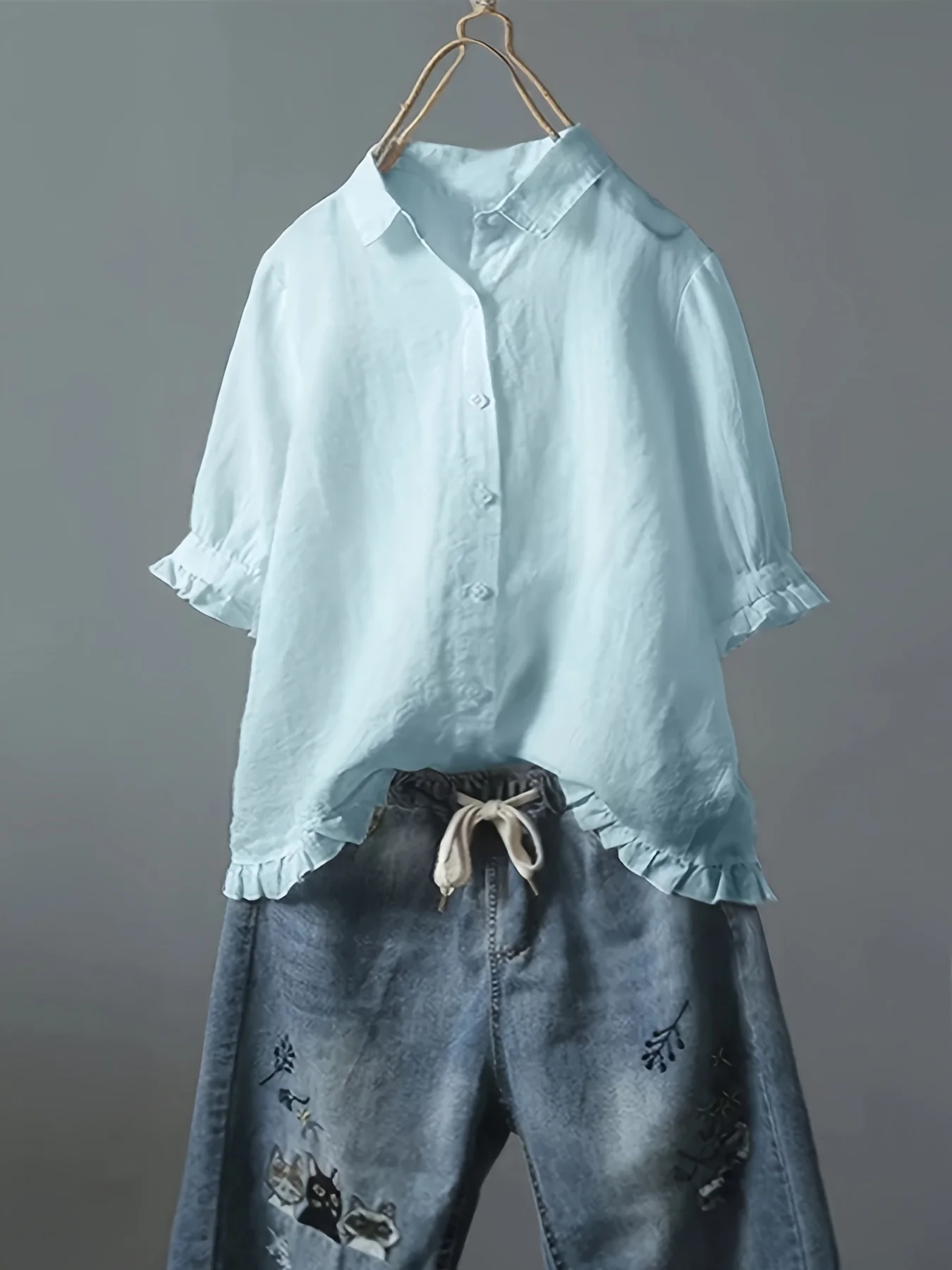 Solid Ruffle Trim 3/4 Sleeve T-Shirt, Casual All-Seasons Tops, Women's Clothing - Deanwangkt