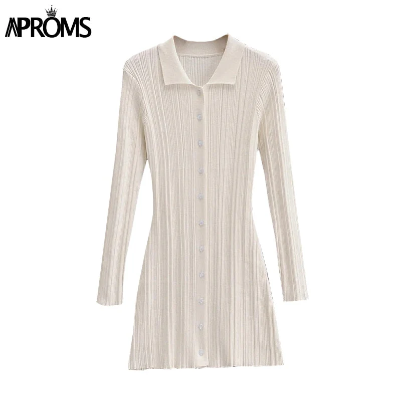 Christmas Gift Aproms Elegant Green Thick Ribbed Knitted Shirt Dress Women Deanwangkt Winter Buttons Long Sleeve Stretch Bodycon Short Mini Dresses - Deanwangkt
