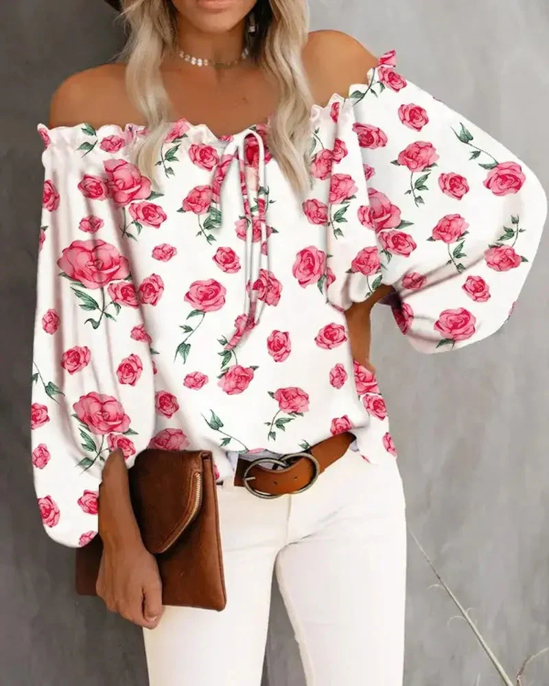 Deanwangkt - Floral Print Off Shoulder Frill Hem Top - Deanwangkt