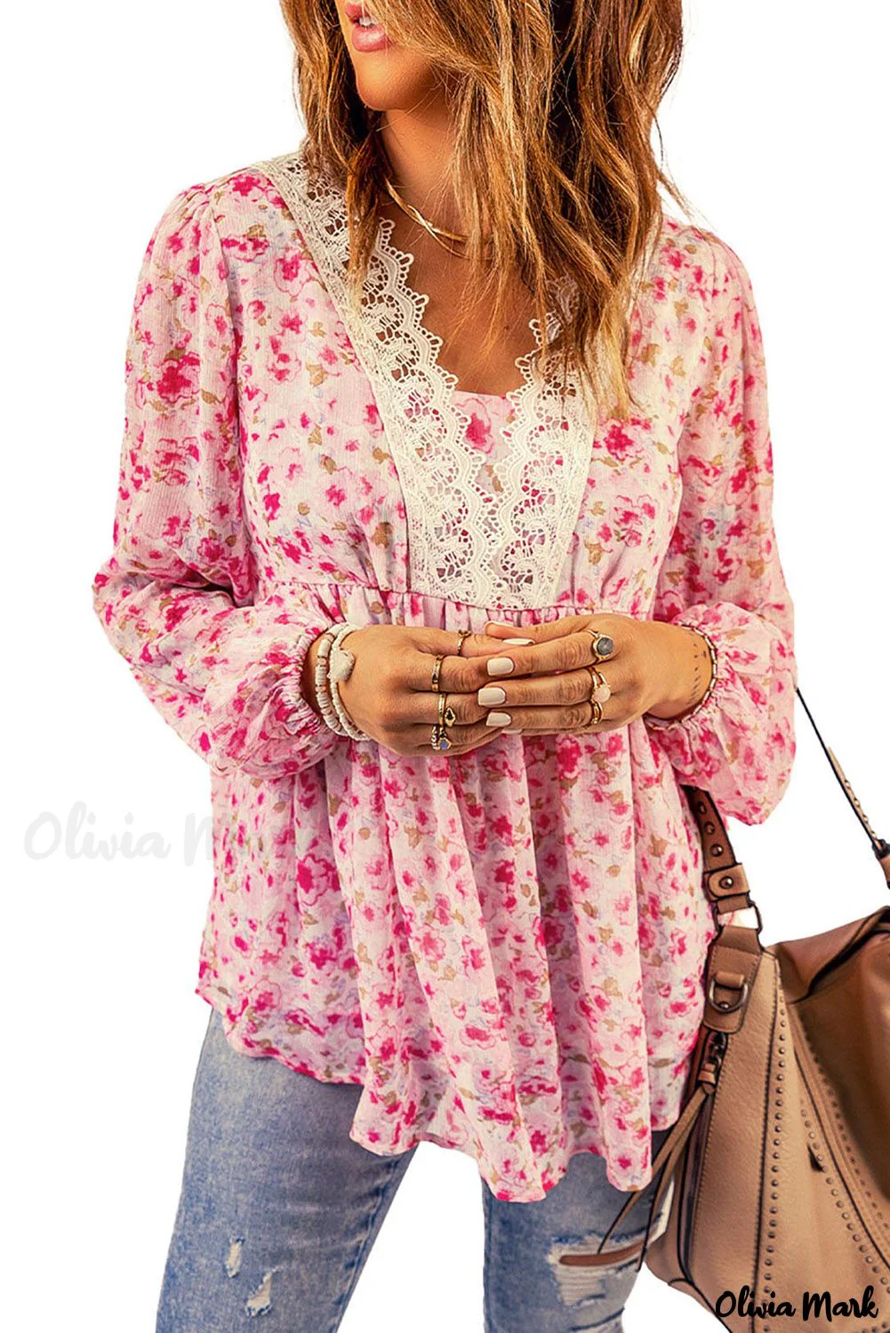 Deanwangkt - Pink Floral Print Lace Patchwork V-Neck Blouse - Deanwangkt