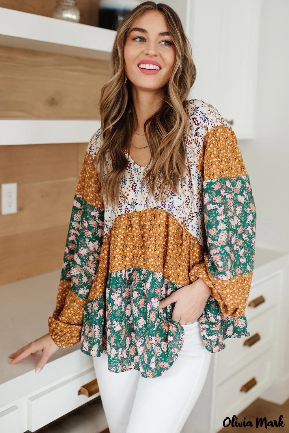 Deanwangkt - Green Color Block Floral Print Loose Blouse - Deanwangkt