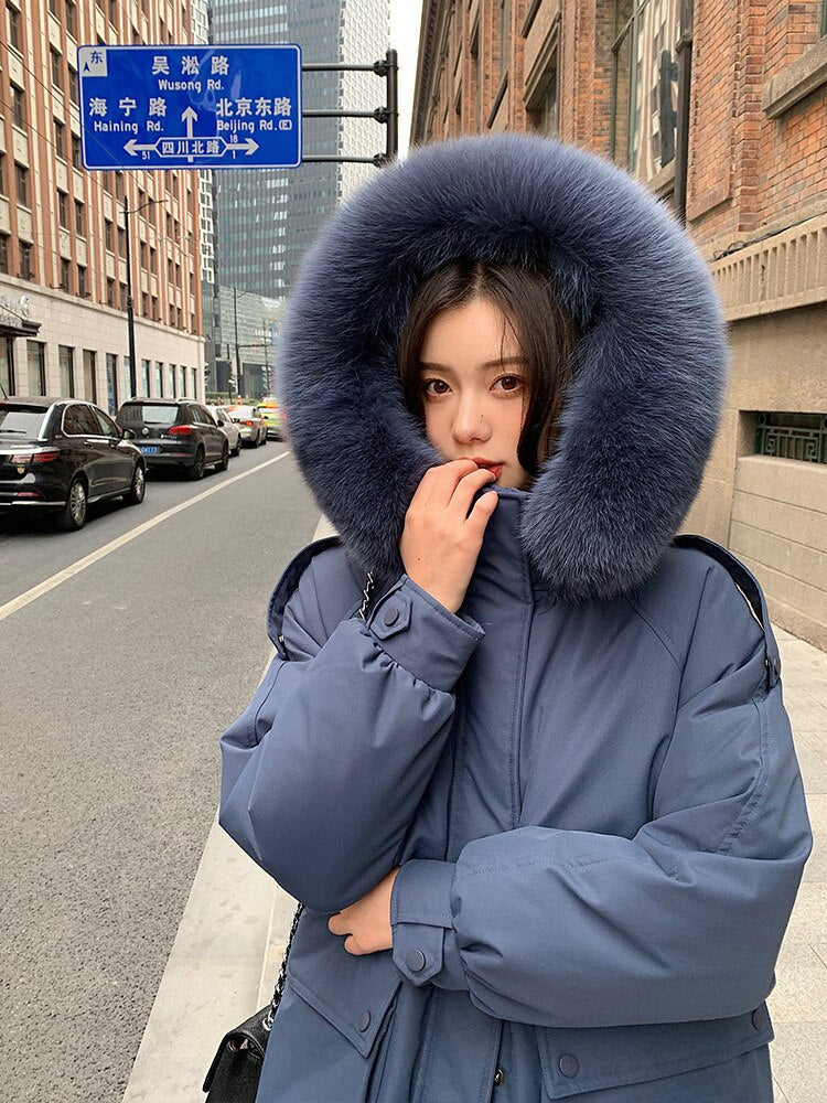 Black Friday Sales Deanwangkt New Fashion Down Jacket Women Medium Length Thickened Fox Hair Collar Slim Knee Hooded Warm Outdoor Coat - Deanwangkt