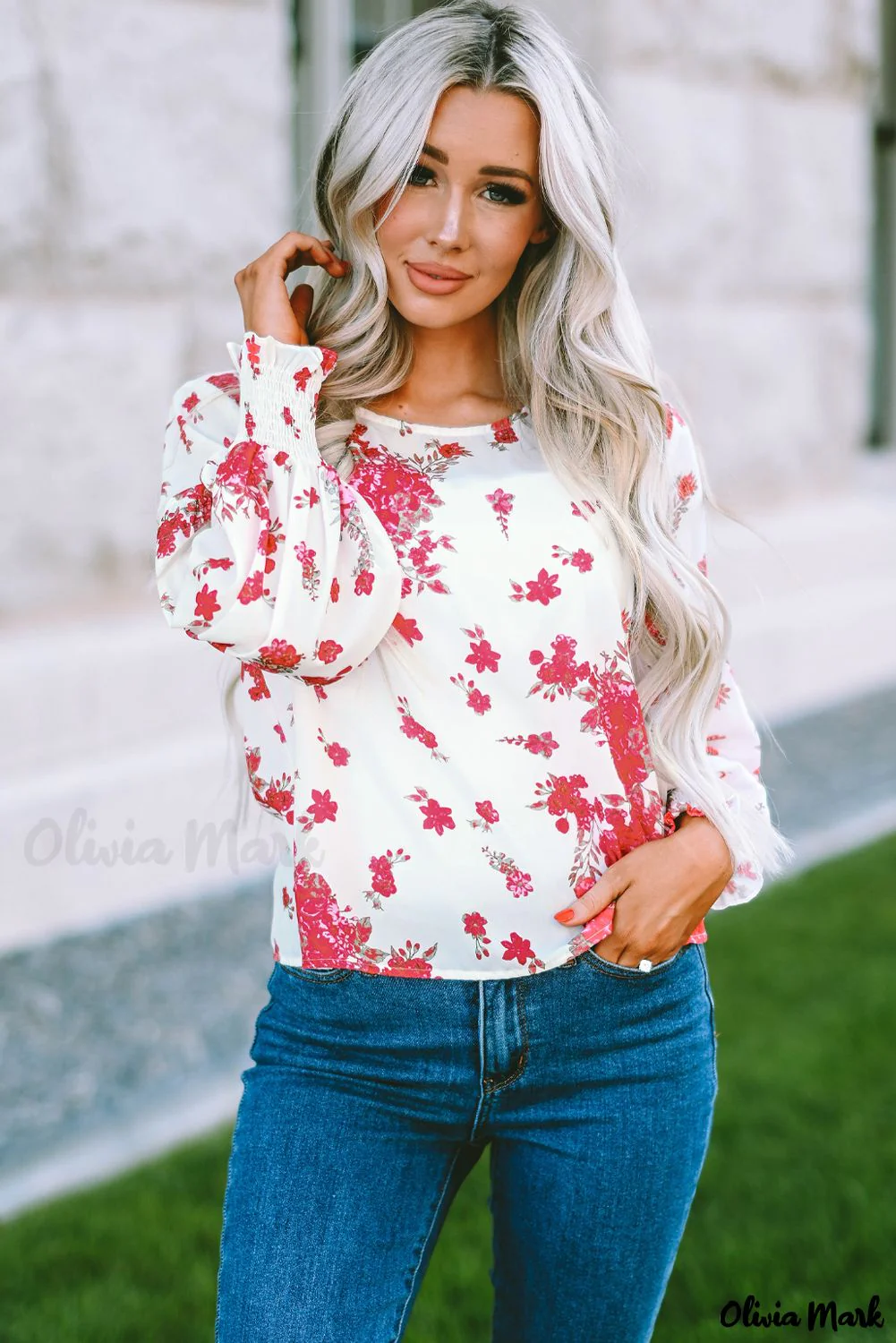 Deanwangkt - Pink floral blouse with round neck and bishop sleeves - Deanwangkt